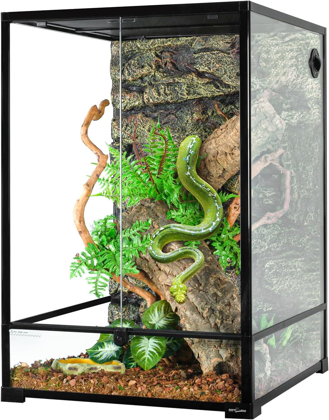 Clear glass reptile enclosure with secure ventilation and locking door.