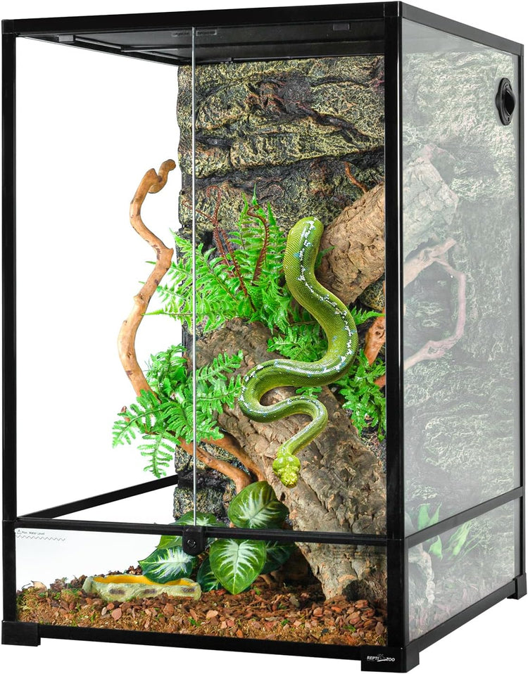 Clear glass reptile enclosure with secure ventilation and locking door.