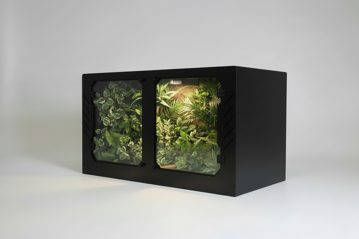 Black PVC reptile enclosure with a plexiglass front displaying on a white background