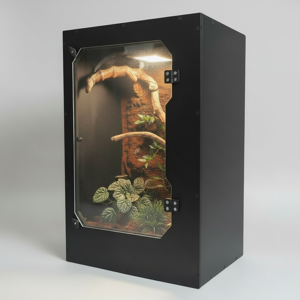 Black terrarium with plants and a branch on a white background