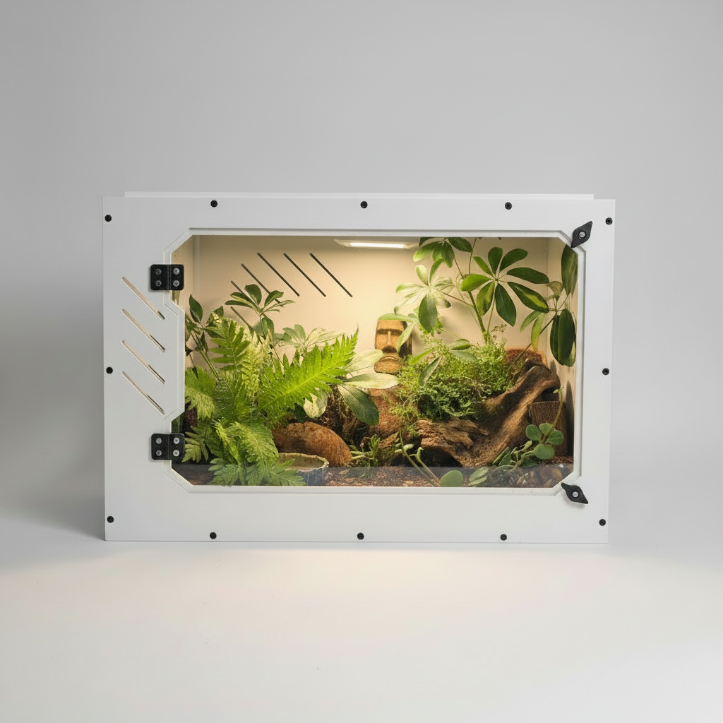 Tortoise terrarium with plants and a tortoise inside on a gray background