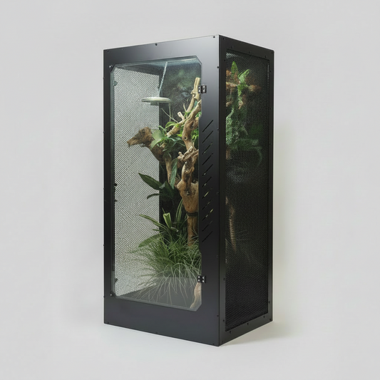 Aboreal PVC Repticube Reptile terrarium with plants and branches on a white background