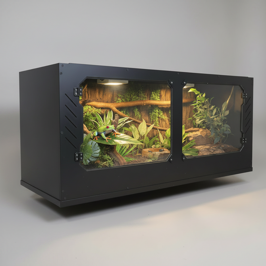 Black terrarium with a naturalistic design on a gray background