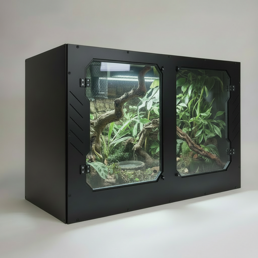 Black terrarium with glass doors displaying a naturalistic environment.