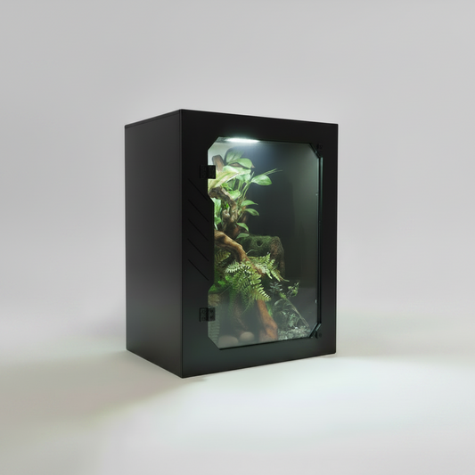 BlackPVC reptile terrarium with plants on a white background