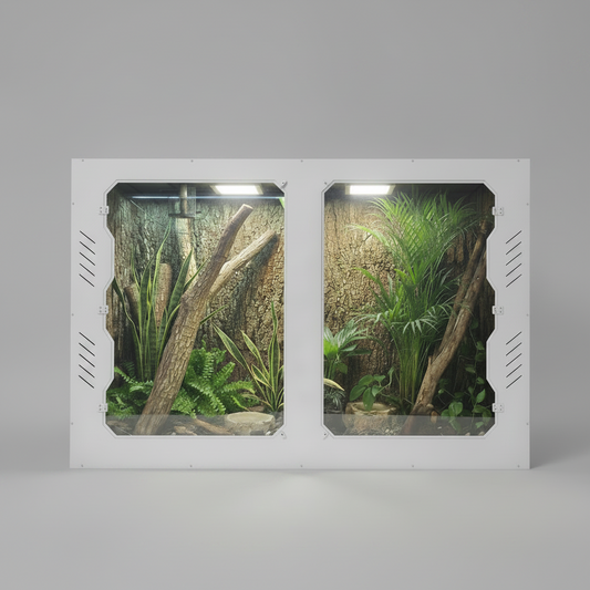 PVC Reptile enclosure with plexi glass panels showing a naturalistic design with plants and branches.