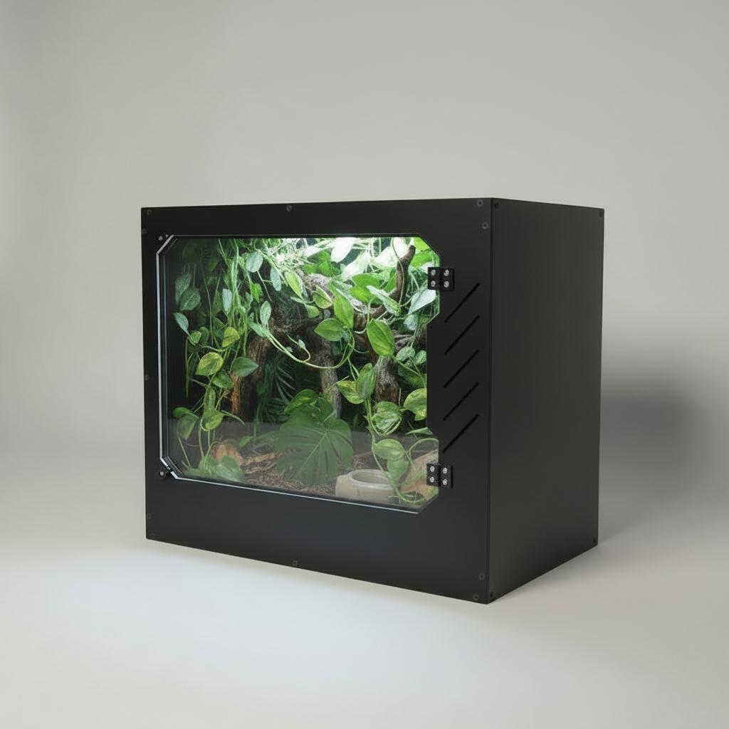 Black PVC reptile terrarium with plants on a white background