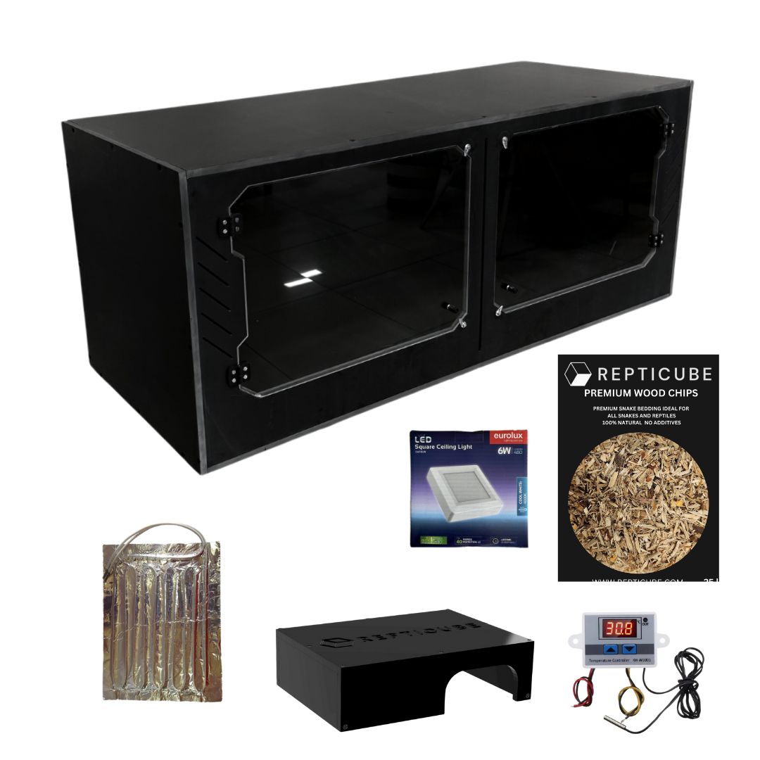 Collection of pet care products including a black reptile cage, LED light, wood chips, and temperature control device on a white background.