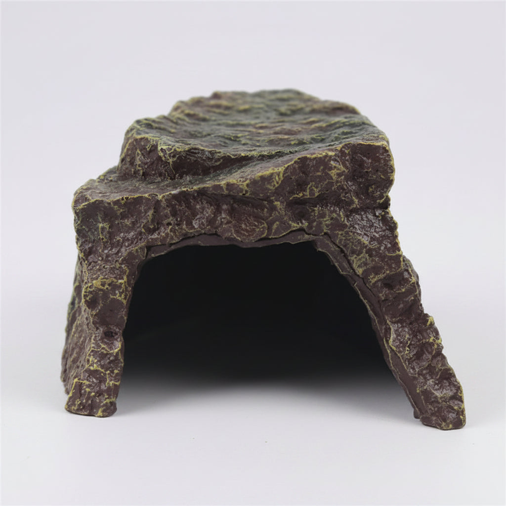 A rock cave hide accessory for small pets, featuring a textured dark brown and gray stone exterior with a black interior, shown on a plain white background with the NOMOYPET logo at the top.