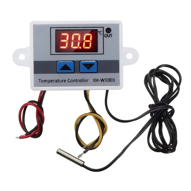 Temperature controller with digital display and wiring on a white background