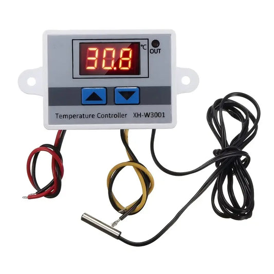 Temperature controller with digital display and wiring on a white background