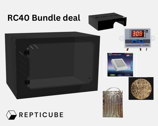 RC40 Bundle deal with black reptile enclosure, digital temperature controller, and other accessories on a white background.