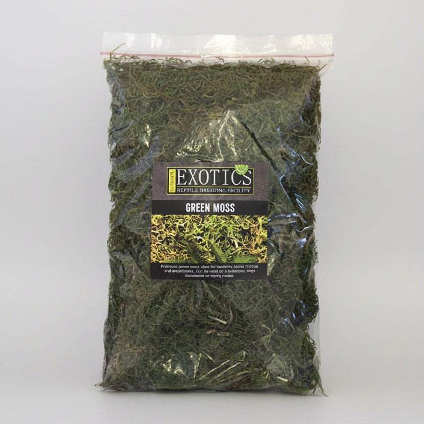 Bag of green moss with Exotics label on a white background