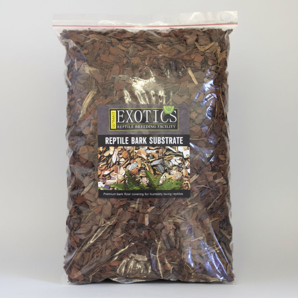 Bag of reptile bark substrate with Exotics label on a white background
