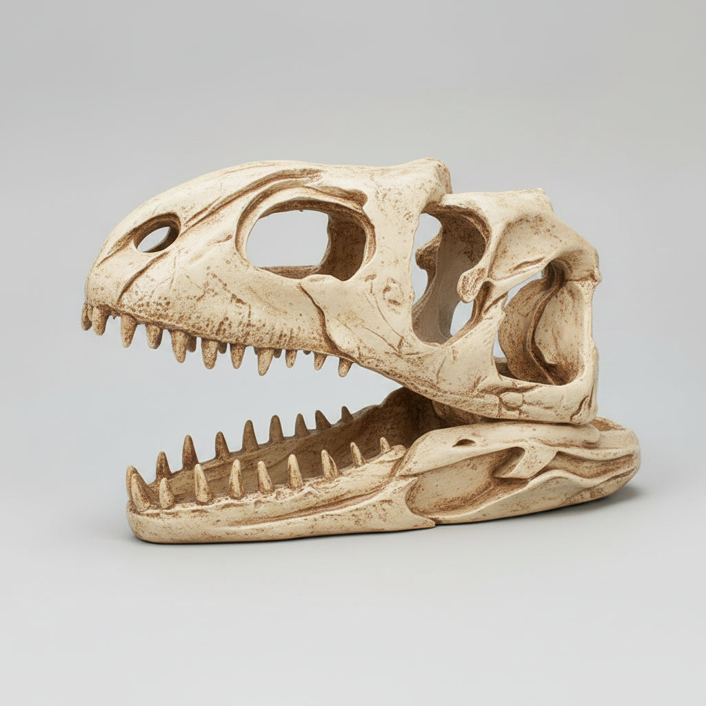 Close-up of realistic fossil details on resin skull
