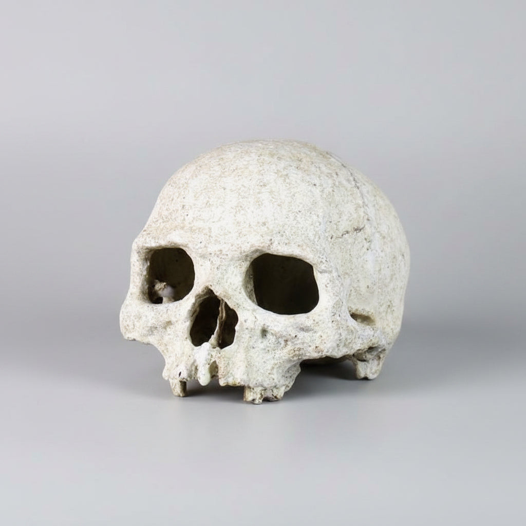 Close-up of fossil-style texture on skull decoration