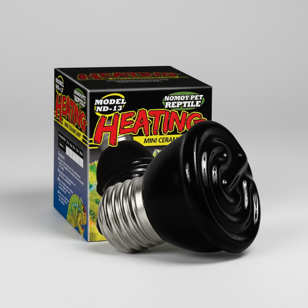 Reptile heating emitter lamp with packaging on a white background