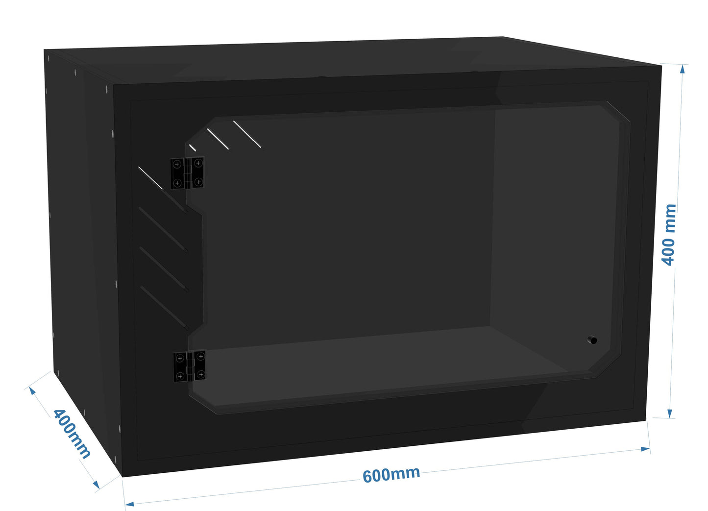 Black computer case with dimensions indicated on a white background