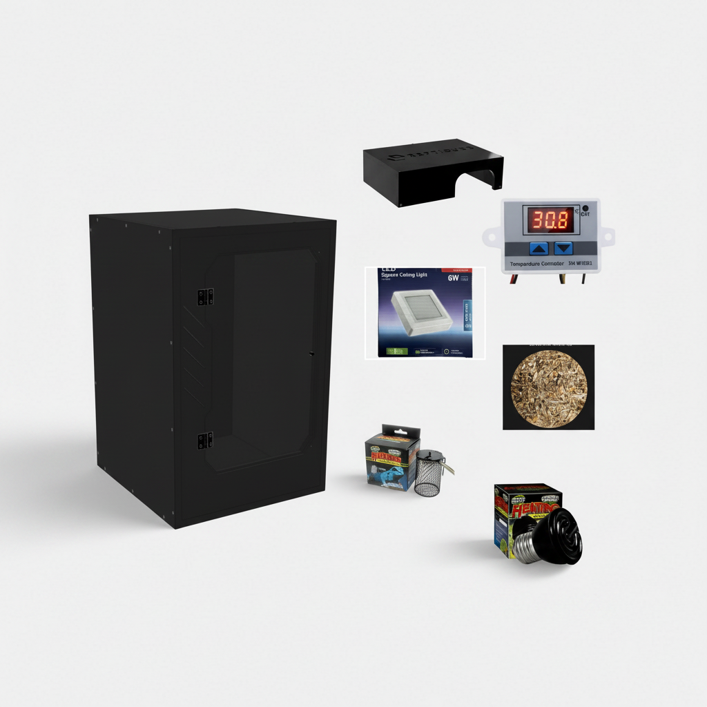 Collection of items including a black cabinet, temperature controller, light bulb, and other related products on a white background.