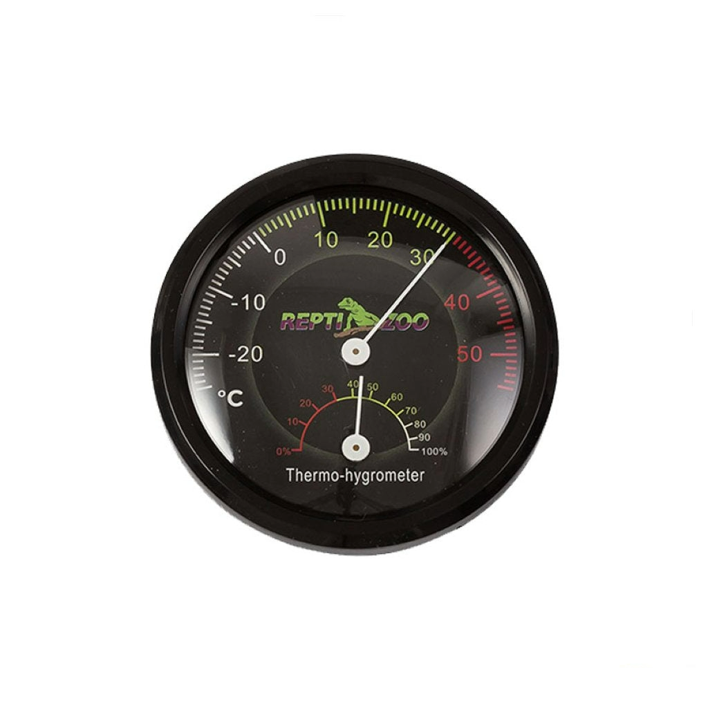 Repti Analog Thermo & Hygrometer mounted inside terrarium