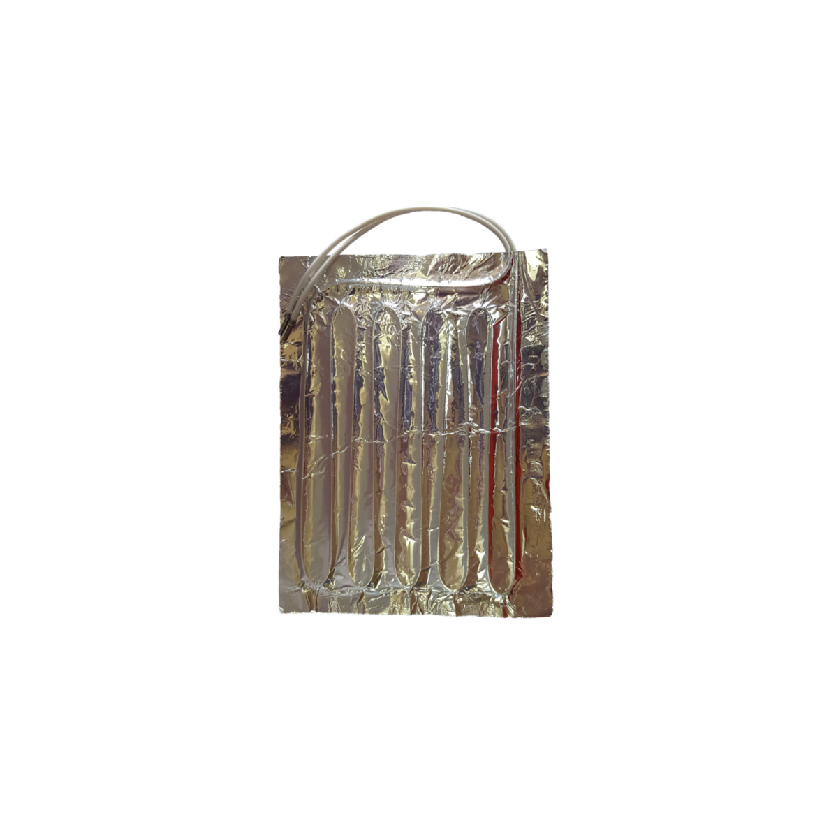 Metallic reflective pouch with a handle on a white background