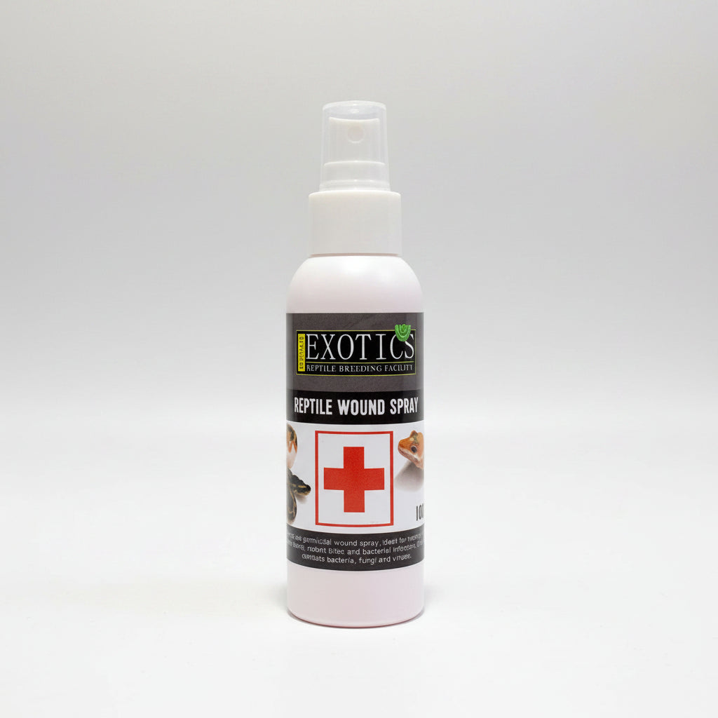Reptile wound spray bottle with Exotics label on a white background