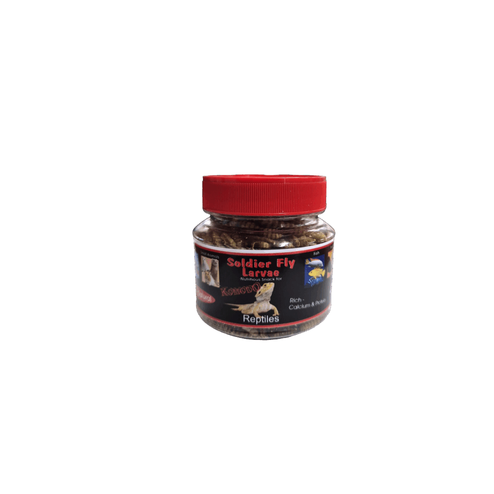 A jar of Rhinoceros Soldier Fly Larvae food for cats, featuring a red screw-on lid and a black label with product details.