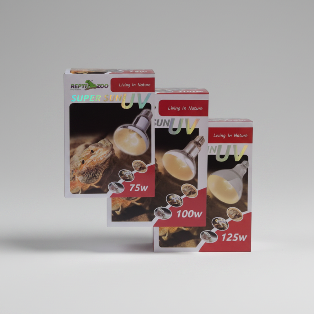 Three boxes of Repti Zoo Super Sun UV light bulbs in different wattages on a white background.