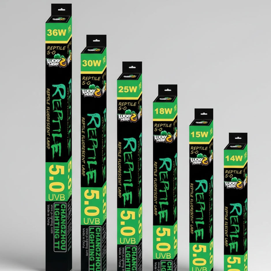 T8 UVB 5.0 tubes in 14W to 36W lined up
