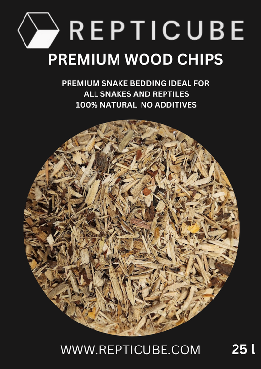 Reptile wood chips packaging with text on a black background