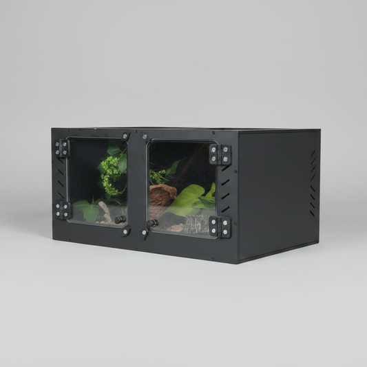 Black pvc enclosure with plexi glass doors on a gray background