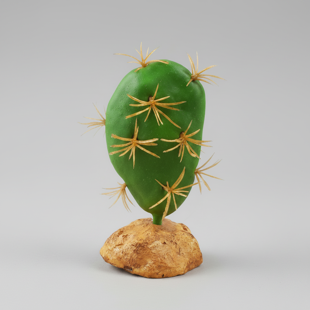 Model of a cactus with spines on a rock-like base against a white background