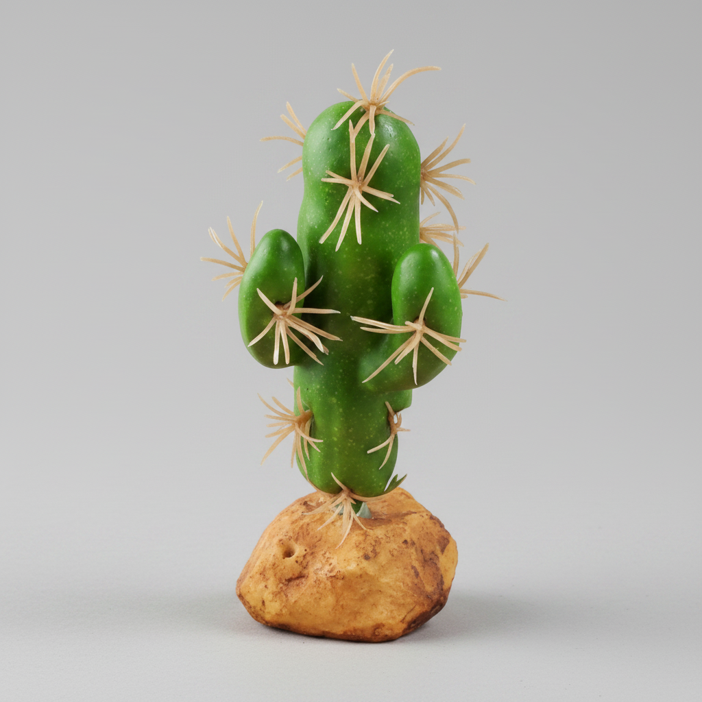 Green cactus with spines on a white background- artificial plant for reptile enclosure decor