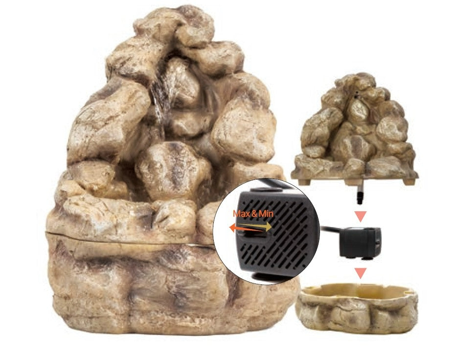 Close-up of waterfall rock design and pump