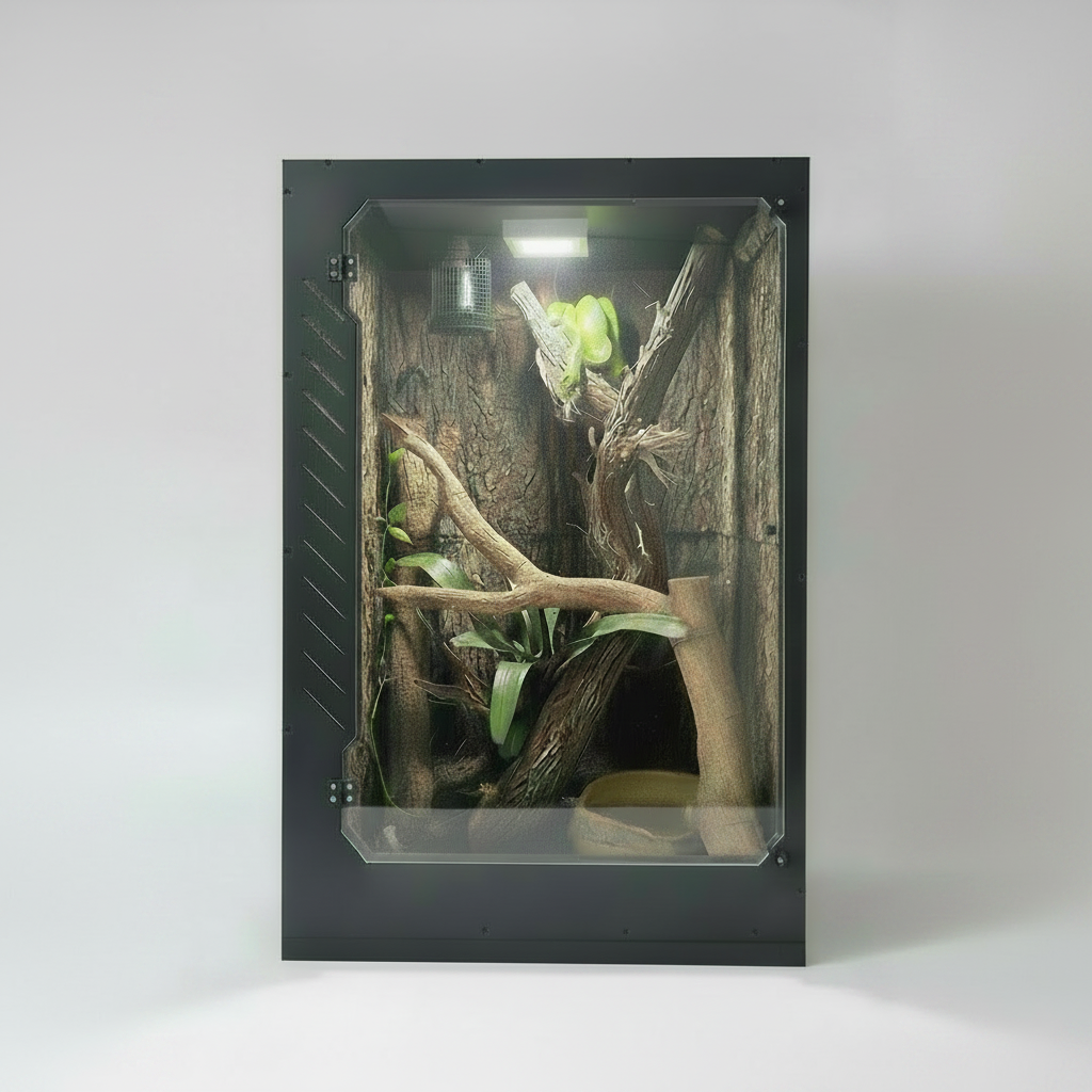 Repticube PVC Reptile terrarium with wooden decor, plants, and a light on a white background