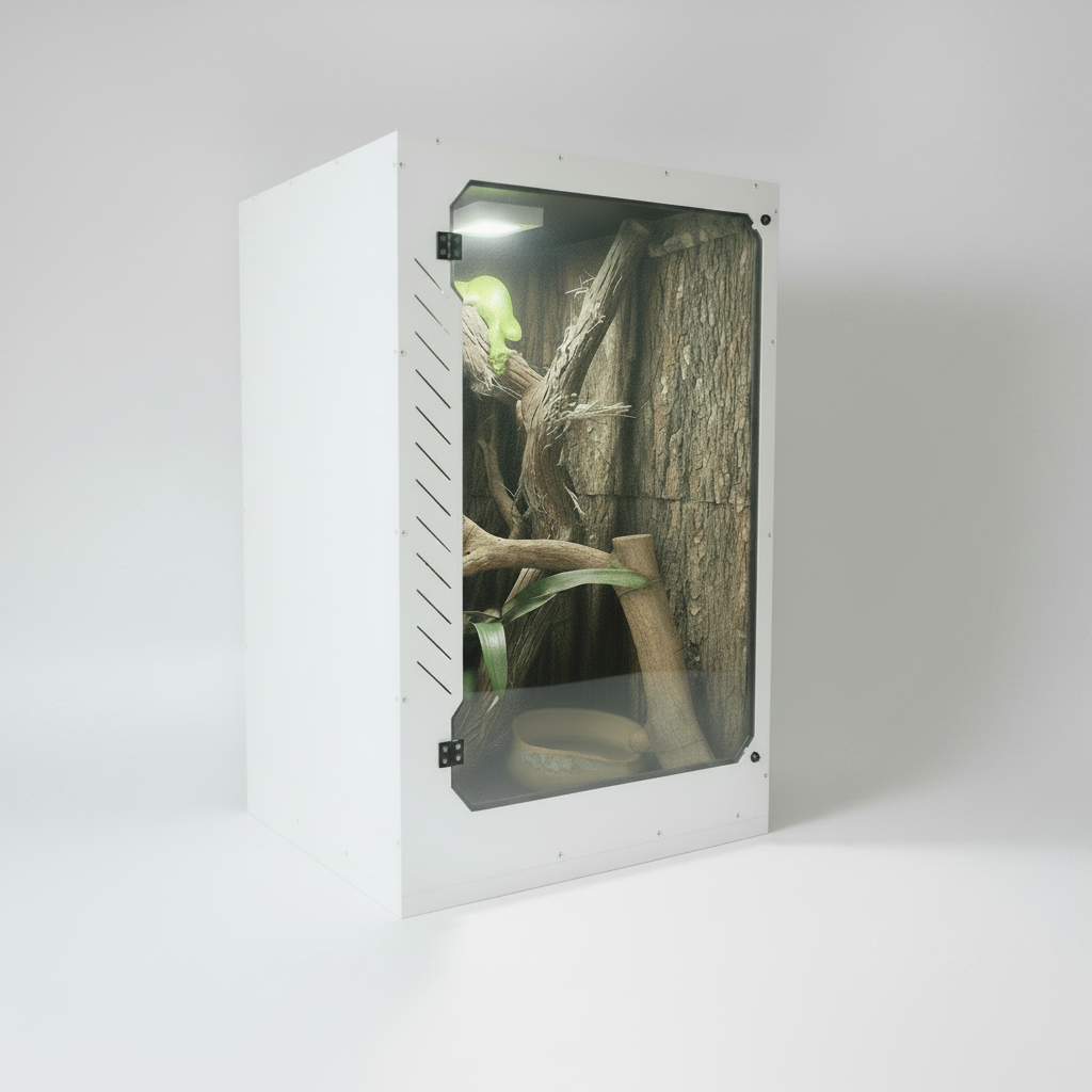 Repticube PVC Reptile terrarium with wooden background and branch inside