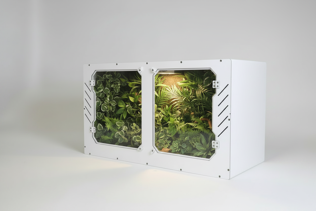 White PVC Reptile Enclosure with displaying green plants on a white background