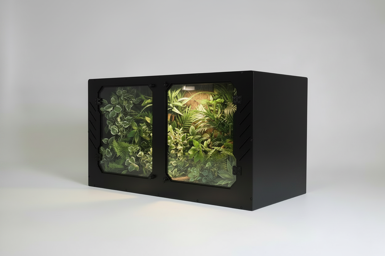 Black PVC reptile enclosure with a plexiglass front displaying on a white background