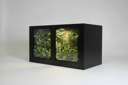 Black PVC reptile enclosure with a plexiglass front displaying on a white background