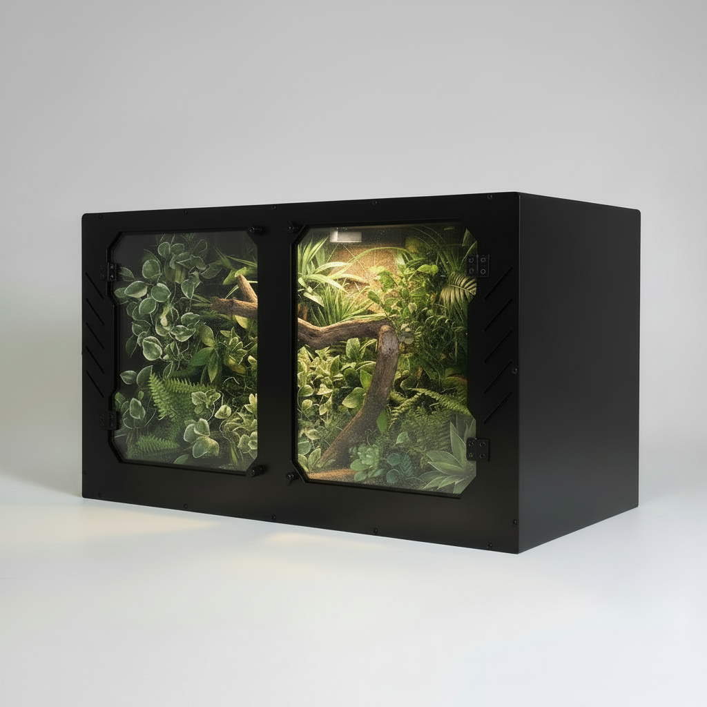 Black snake terrarium with green plants on a white background