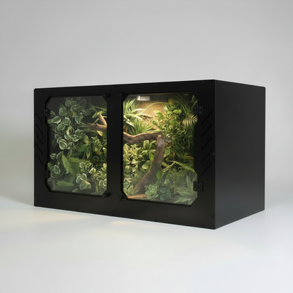 Black snake terrarium with green plants on a white background
