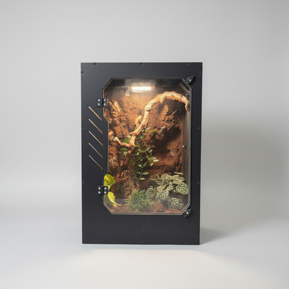 gecko enclosure with rocky terrain and plants on a gray background