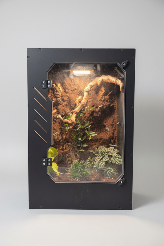 gecko enclosure with rocky terrain and plants on a gray background