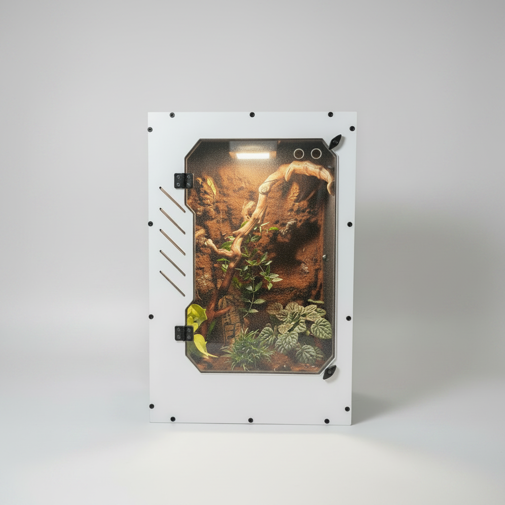 Black terrarium with plexiglass front on a white background- Repticube