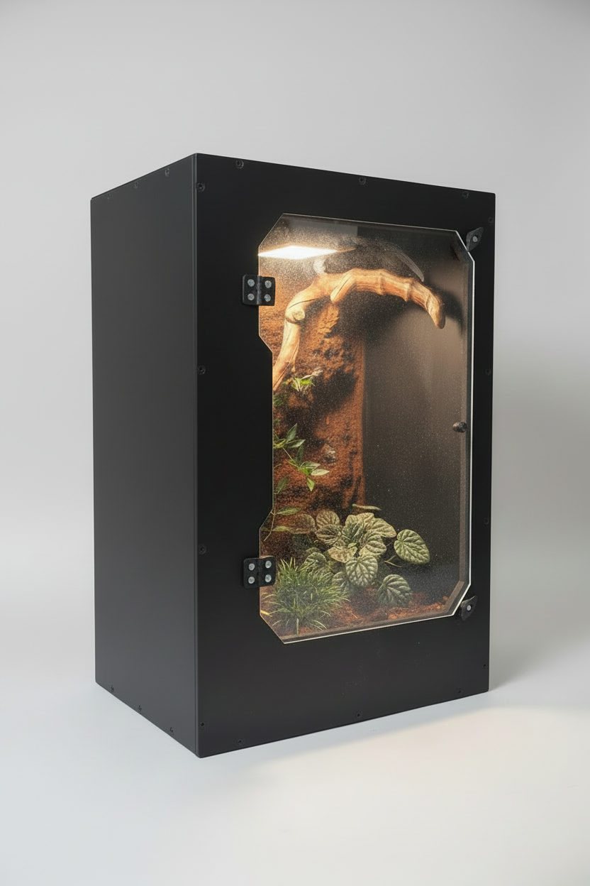 Black terrarium with glass door displaying plants and a rock formation on a white background