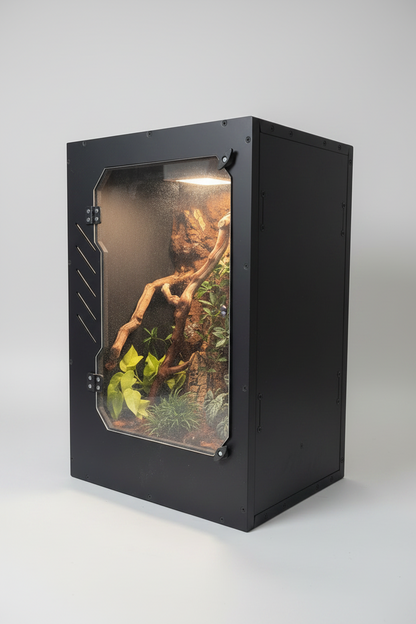 Black terrarium with plexiglass front on a white background- Repticube