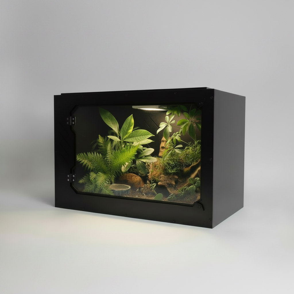 Small pvc reptile enclosure with plants and rocks on a gray background