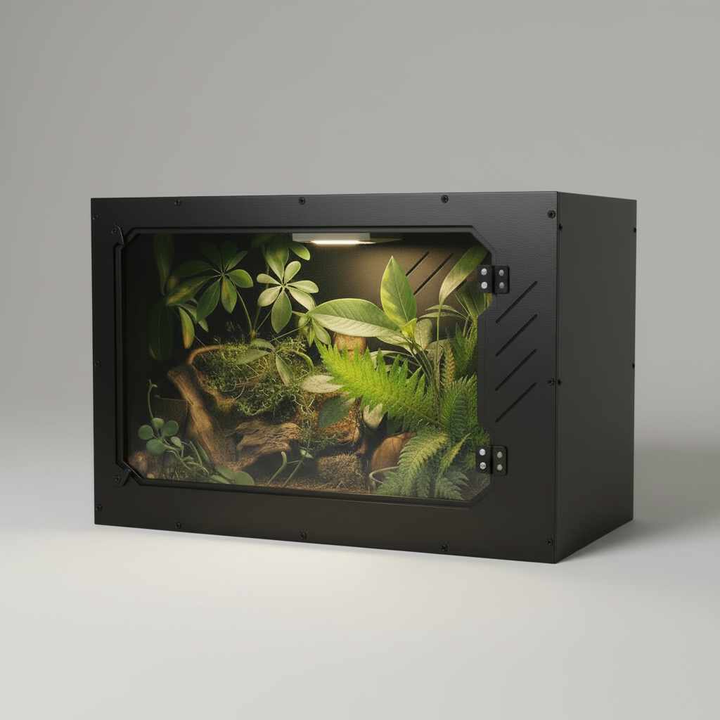 Black reptile pvc  terrarium with plants and rocks on a gray background- Repticube