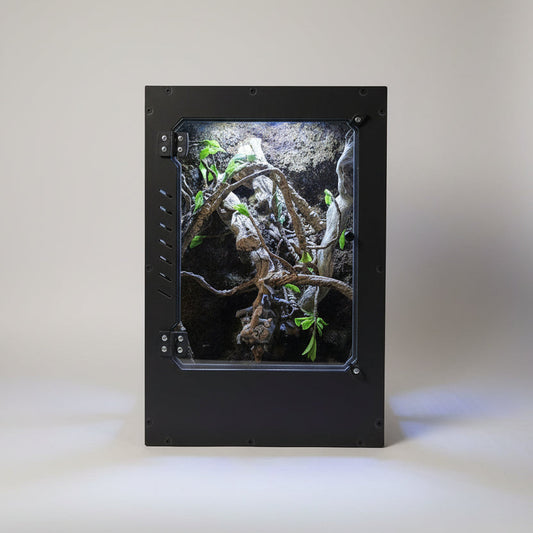 Small PVC reptile terrarium with plants on a white background