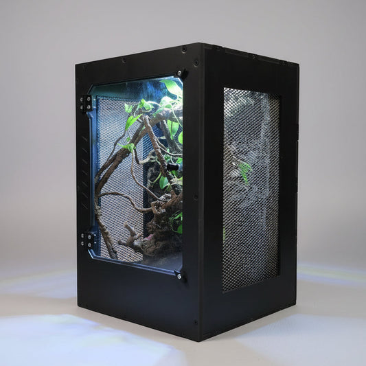 Black PVC enclosure with mesch sides and top . on a light-colored floor.
